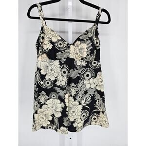 Upstream Womens Sz 14 One Piece Swimsuit Swim Dress Black Cream Floral Print